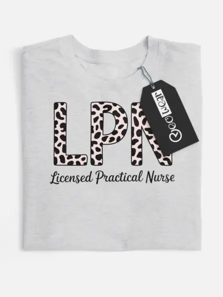 grey leopard print lpn shirt front with pink script