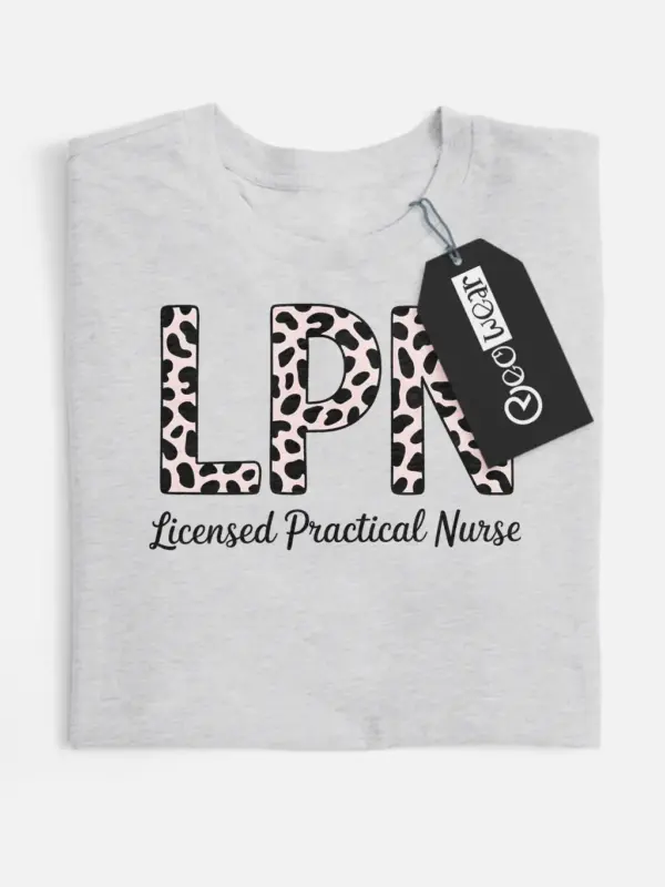 grey leopard print lpn shirt front with pink script