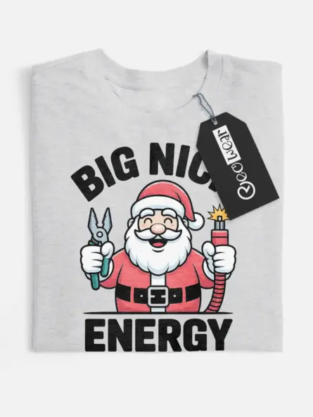 Grey Big Nick Energy Shirt – festive Santa electrician shirt, teal background
