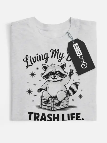 grey flatlay Shirt Front View – Living My Best Trash Life – funny raccoon trash panda t-shirt