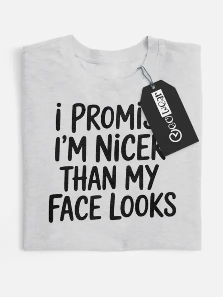 grey flatlay Shirt Front – I’m Nicer Than My Face Looks – resting face humor t-shirt