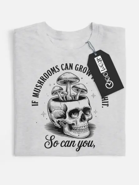 grey flatlay front view if mushroom can grow funny mushroom skull shirt