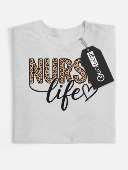 Front view of grey leopard print nurse life t-shirt with heart script