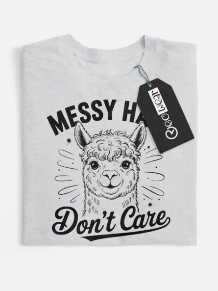 grey flatlay shirt Messy Hair Dont Care alpaca design – messy hair dont care alpaca t-shirt