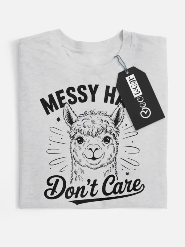 grey flatlay shirt Messy Hair Dont Care alpaca design – messy hair dont care alpaca t-shirt