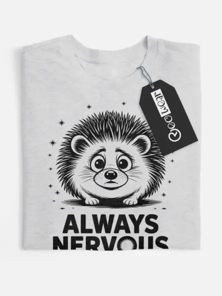 grey flatlay Front view of tee with hedgehog cartoon, always nervous hedgehog t-shirt