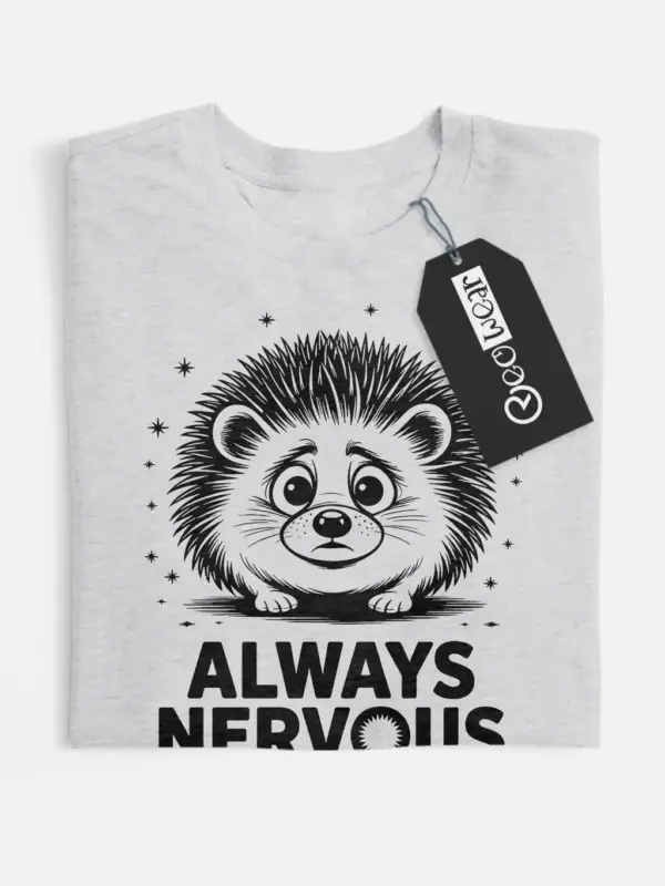 grey flatlay Front view of tee with hedgehog cartoon, always nervous hedgehog t-shirt