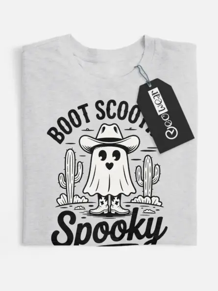 Grey front view – retro cowboy ghost Halloween shirt boot scootin spooky grey