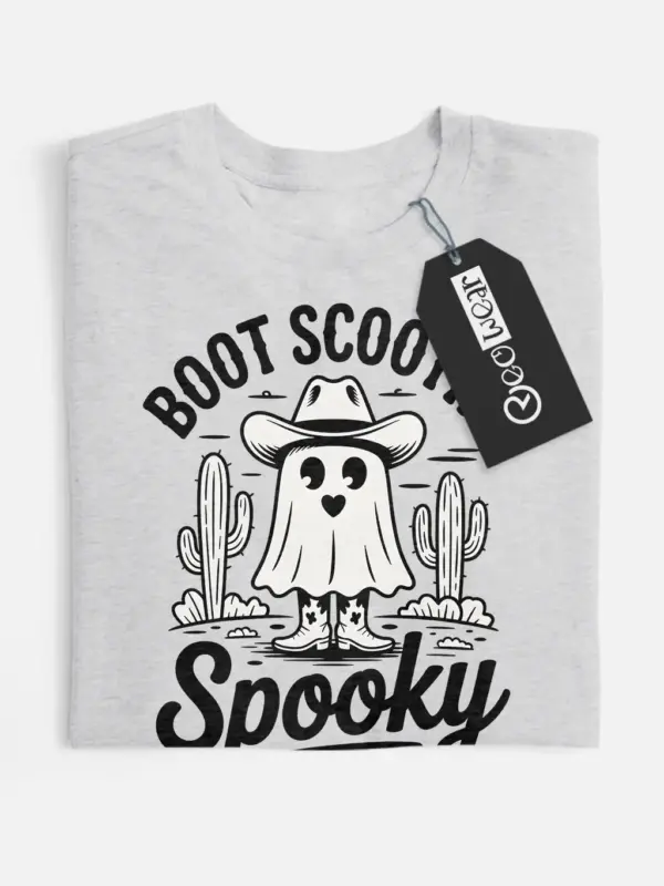 Grey front view – retro cowboy ghost Halloween shirt boot scootin spooky grey