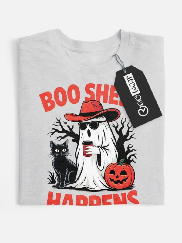 Grey front view – cowboy ghost Halloween shirt with vintage pun design grey