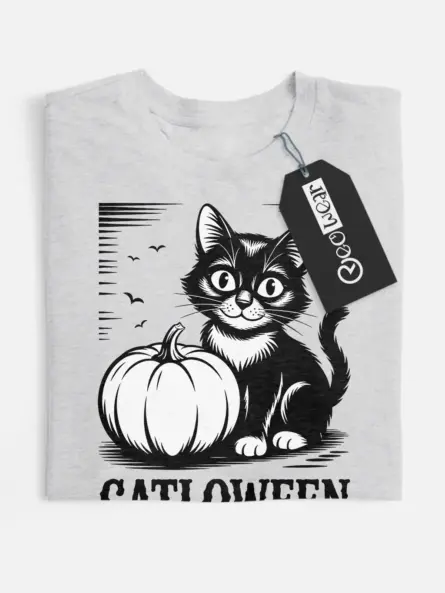 Grey front view – vintage cat Halloween shirt with linocut pumpkin grey