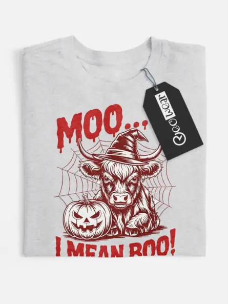 Grey front view – Moo I Mean Boo shirt Highland cow Halloween grey
