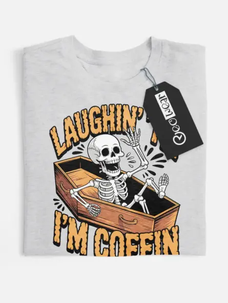 grey flatlay resting in pieces skeleton tee front view – funny halloween shirt for goths