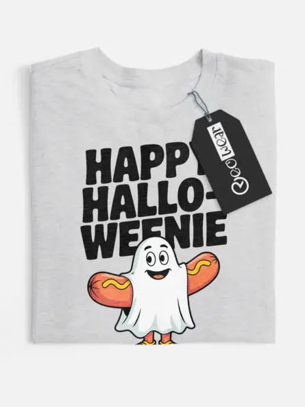 Playful Happy Halloweenie T-Shirt – Hot Dog Ghost Fun - Image 1