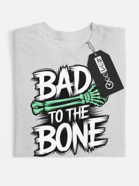 grey flatlay front view – Bad to the Bone punk skeleton Halloween t-shirt