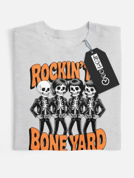 grey flatlay Shirt Front View – Rockin the Bone Yard Vintage Skeleton Rock Band T-Shirt