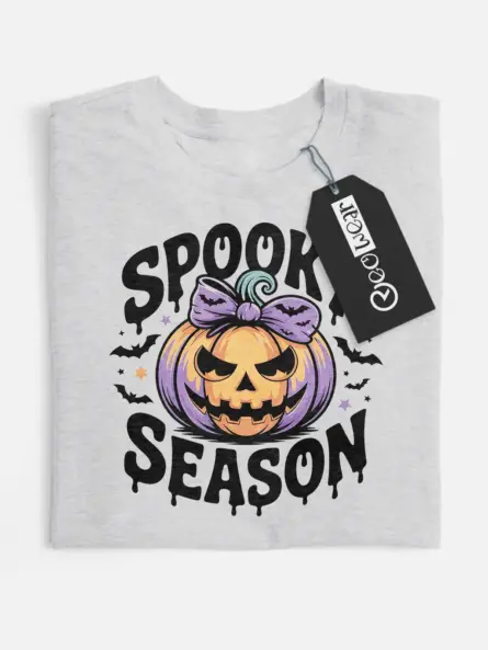 grey Front view Shirt spooky season pumpkin t-shirt with jack-o-lantern and bow