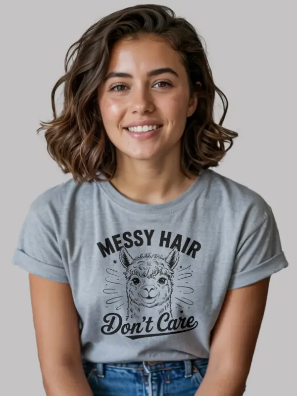 grey tee side – messy hair dont care alpaca t-shirt