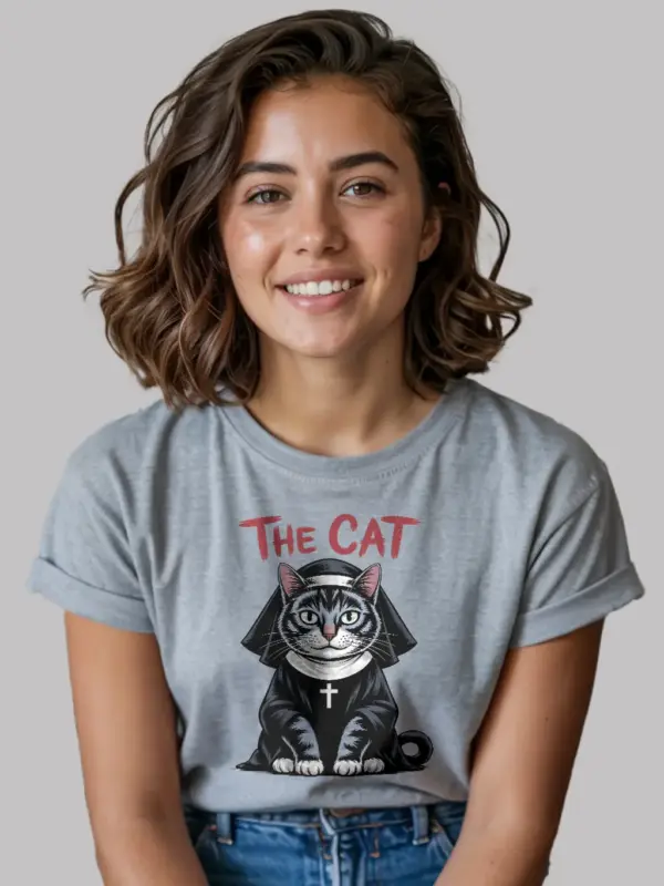 grey front view – bold parody cat design – gothic cat nun shirt