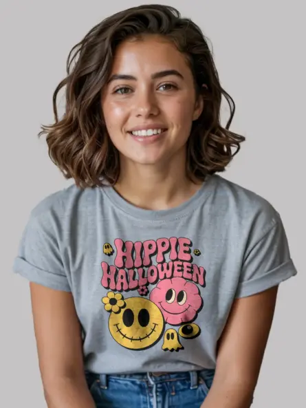 Grey front view – hippie Halloween t-shirt with flower ghost smiley grey
