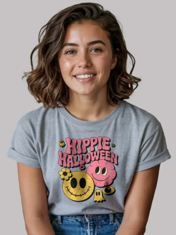 Grey front view – hippie Halloween t-shirt with flower ghost smiley grey