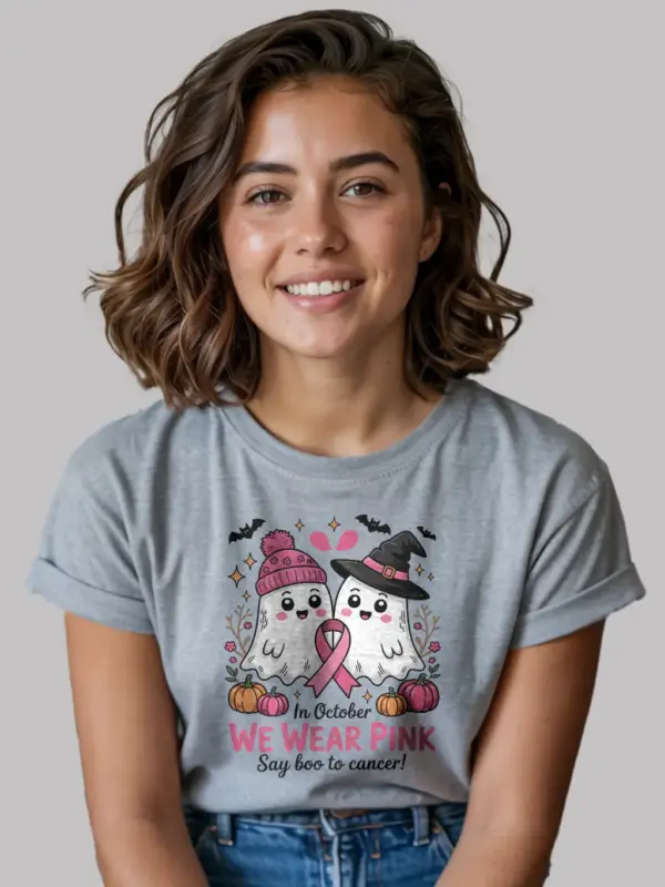 grey shirt front view – we wear pink ghost design – pink ghost breast cancer shirt
