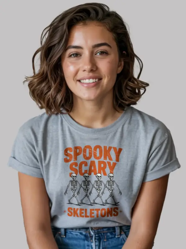 Grey lifestyle view – distressed grey vintage skeleton dance Halloween shirt
