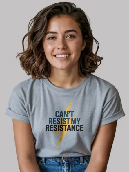Grey Can’t Resist My Resistance Shirt Front – science pun electrician t-shirt, sleek design