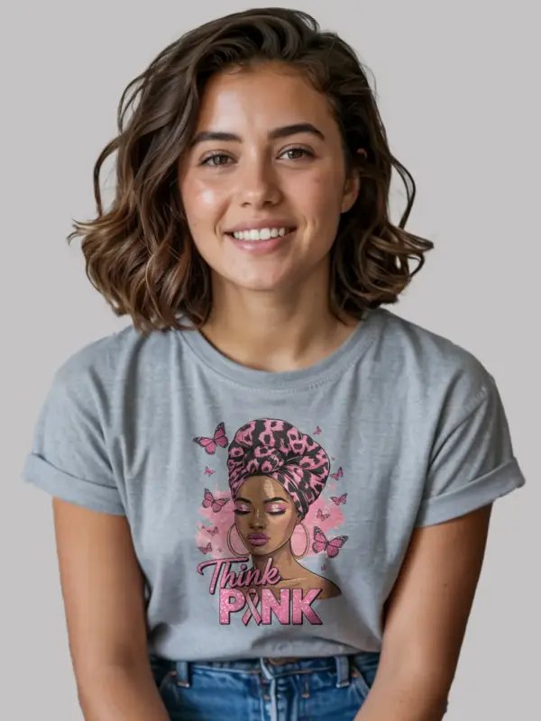 Grey Shirt Think Pink Breast Cancer Shirt Front View