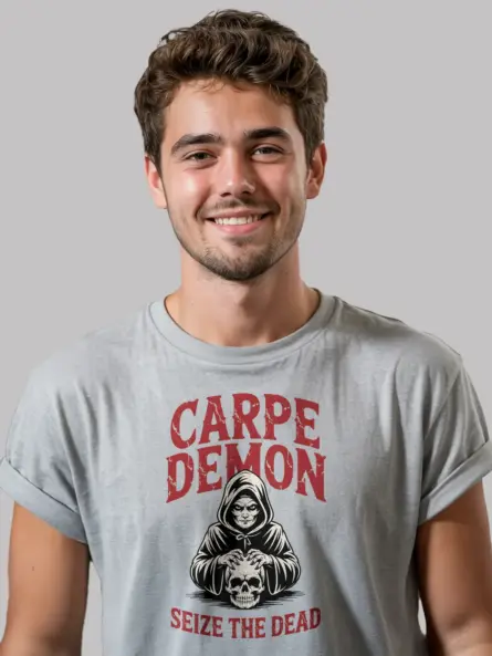 grey Shirt Front View – Carpe Demon – carpe demon reaper t-shirt