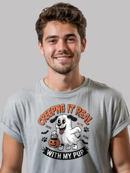 Front view grey Creeping It Real Dog Halloween T-Shirt ghost pup