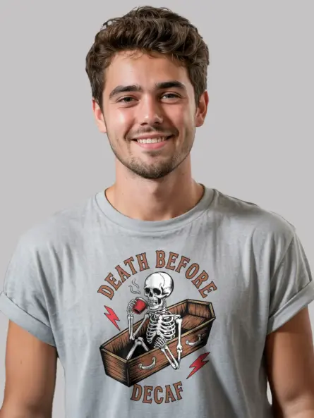 grey front view – Death Before Decaf Shirt – death before decaf vintage t-shirt