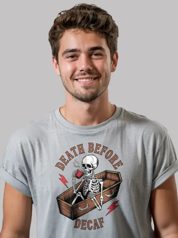 grey front view – Death Before Decaf Shirt – death before decaf vintage t-shirt