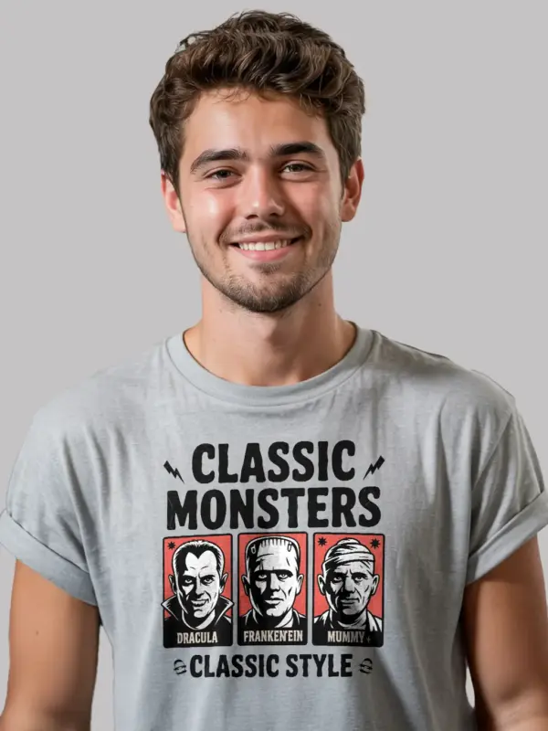 Front view grey Classic Monsters Vintage Horror T-Shirt Dracula