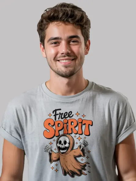 grey lifestyle – happy model in boho ghost Halloween t-shirt