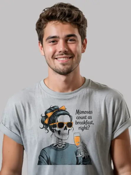 Front View grey your-mom mimosas brunch skeleton t-shirt front design