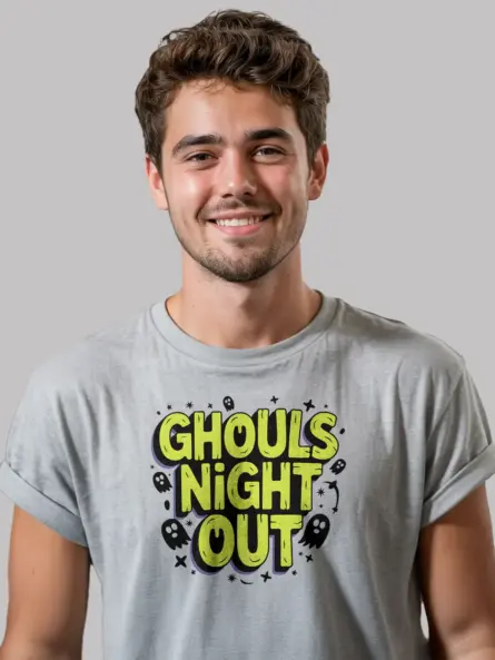 Front view grey Ghouls Night Out Halloween T-Shirt ghost motif