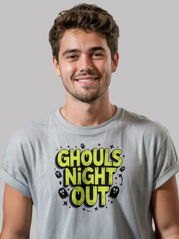 Front view grey Ghouls Night Out Halloween T-Shirt ghost motif