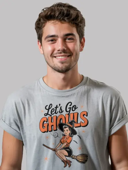 grey front view – Let’s Go Ghouls retro witch Halloween t-shirt