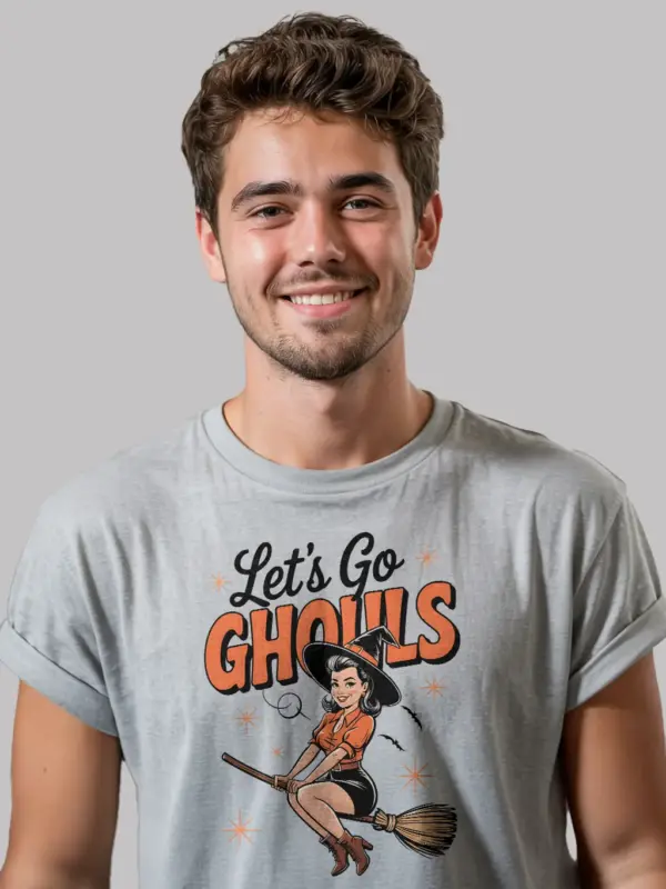grey front view – Let’s Go Ghouls retro witch Halloween t-shirt