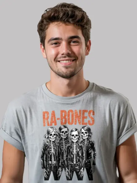 grey front view – RA-BONES punk rock skeleton band t-shirt