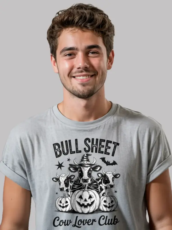 Grey front view – sarcastic bull sheet cow Halloween shirt with ghost cows grey