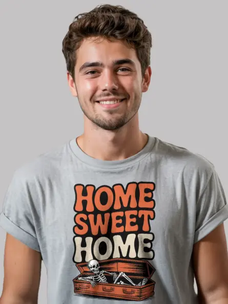 Grey lifestyle – vintage Halloween shirt lounging skeleton in coffin grey