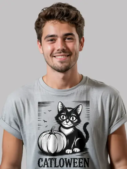 Grey lifestyle – Halloween tee for cat lovers vintage woodcut grey