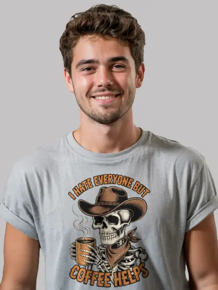 Grungy Skeleton Cowboy Coffee T-Shirt – Funny Anti-Social Vintage Tee - Image 2