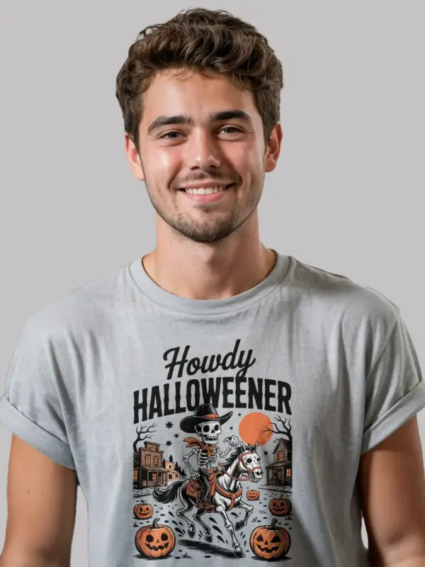 Grey lifestyle – Howdy Halloweener tee retro Western Halloween shirt grey