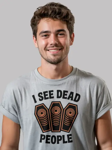 grey I See Dead People Coffin Halloween T-Shirt – sarcastic spooky apparel