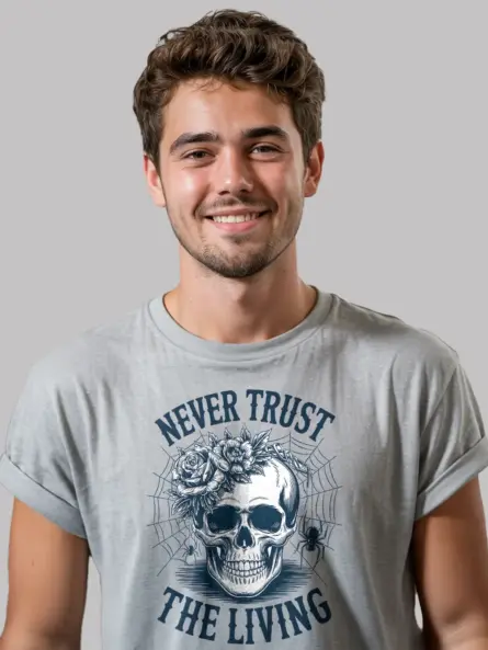 grey lifestyle – spider web skull print for alt fashion – gothic skull floral t-shirt