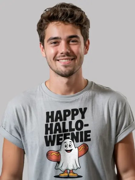 Playful Happy Halloweenie T-Shirt – Hot Dog Ghost Fun - Image 3