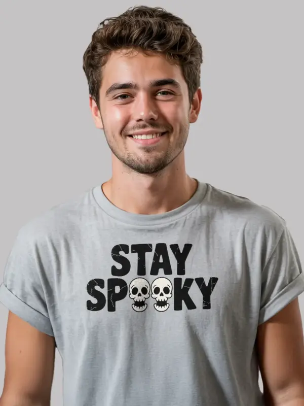 Grey lifestyle view – spooky season skull shirt for Halloween fans in grey